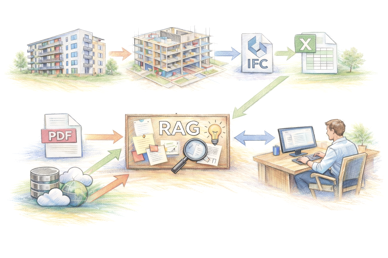 Illustration of the building RAG assistant concept and data sources.